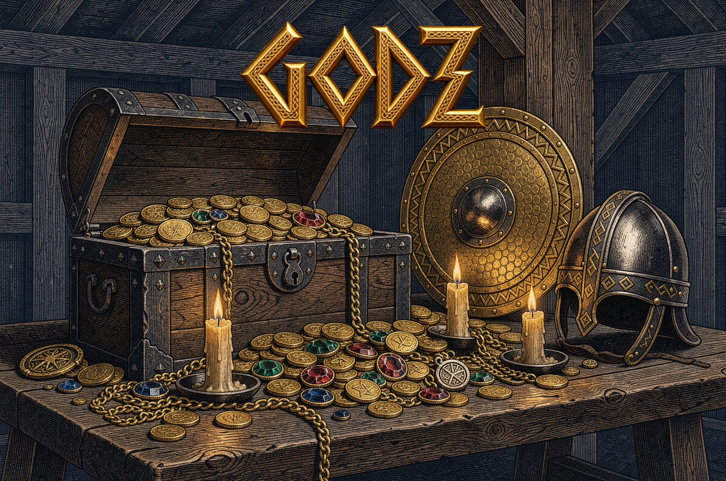 Golden treasure chest and Viking shield at Godz Casino